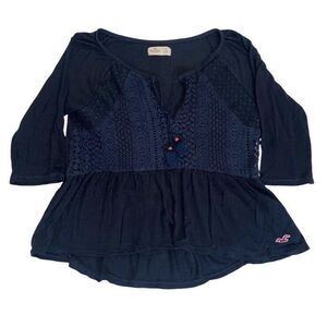 Hollister Blouse Bohemian Top Womens‎ Small Navy Blue Eyelet Tassels Lace Upper